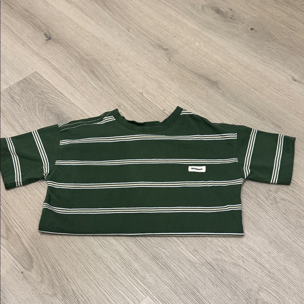 Zara Green and White Striped Short Sleeve Tee